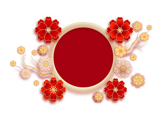 红色手绘古风中国风新年花圆形边框新年春节元素png素材手抄报花边