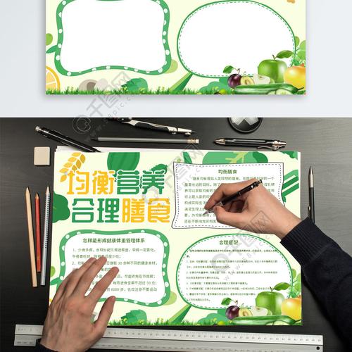 色清新均衡营养合理膳食word小报免费下载 通用手抄报手抄报 板报