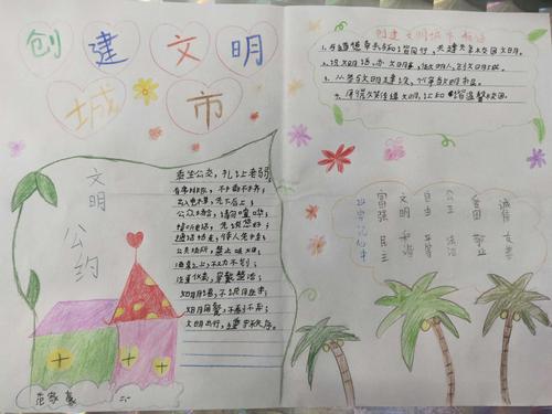 创建文明城市连着你我他 青屏小学二一班手抄报