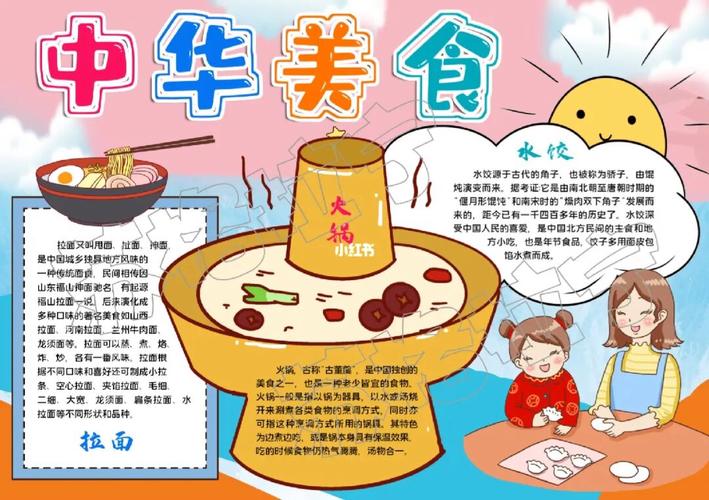 中华美食小报年味美食手抄报黑白线描涂色