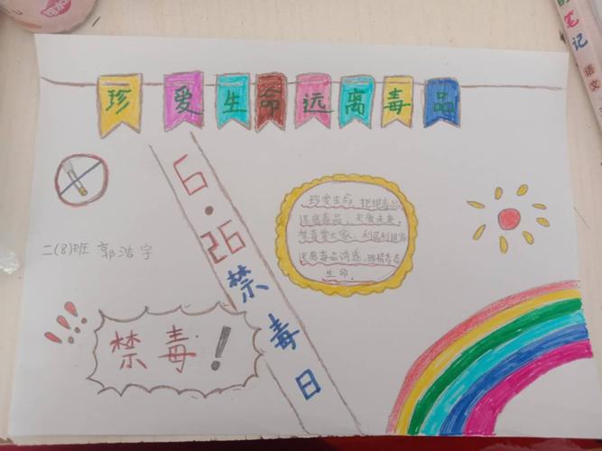 8班的孩子们用稚嫩的小手绘制出一幅幅生动形象 通俗易懂的禁毒手抄报