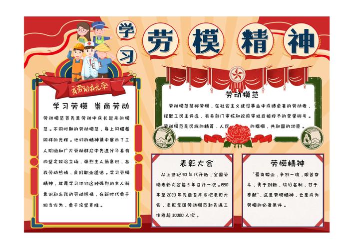 小学生卡通手绘红色背景学习劳模精神手抄报小报彩色有字pdf