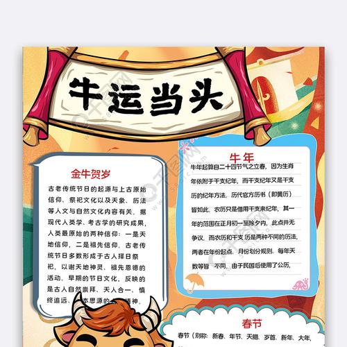 卡通国潮牛运当头手抄报