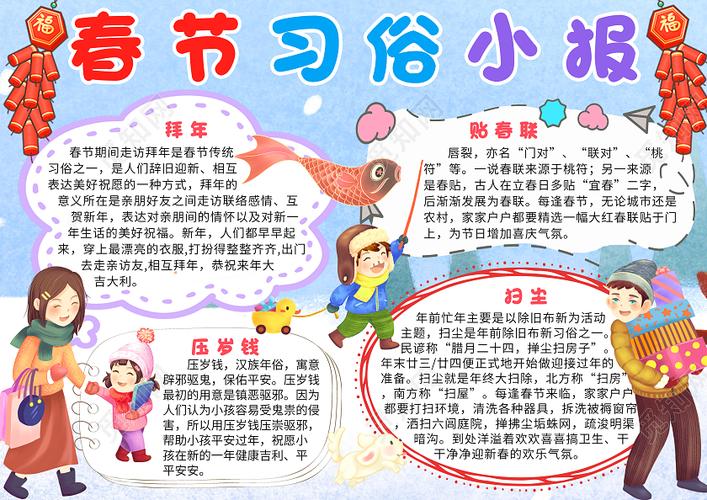 蓝色卡通春节习俗小报手抄报春节手抄报