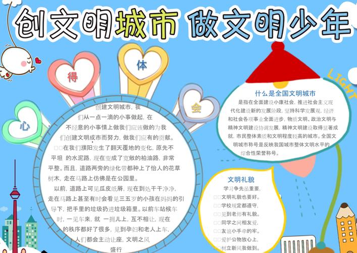 彩色学生电子小报手抄报模板创文明城市做文明少年