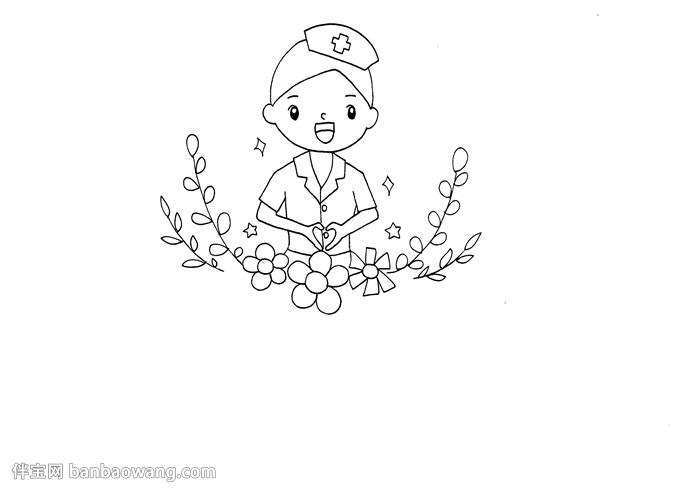1 首先在手抄报的上方画上一位女护士 注意画出她的护士帽和衣服细节