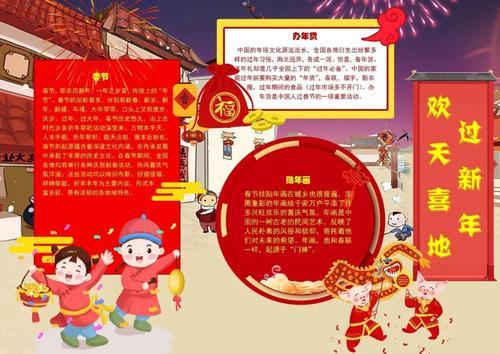 《红金色欢度新年小报手抄报红色背景的老北京春节习俗手抄报