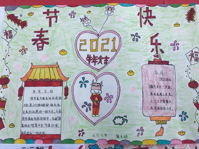 孩子们绘制了以牛年为主题的探寻春节文化手抄报