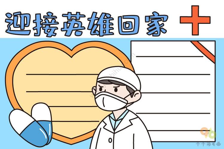 爱心战役携手同行的手抄报绿色简约卡通欢迎英雄回家疫情英雄归来小报