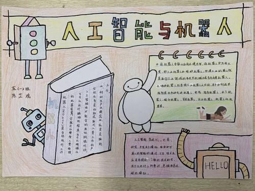 科技黑白线描涂色手抄报模板卡通机器人来了小报手抄报红五月系列活动