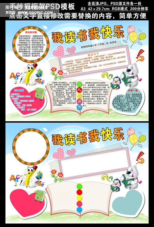 我读书我快乐学生手抄报psd喷绘写真版面下载-编号13885915-电子模板