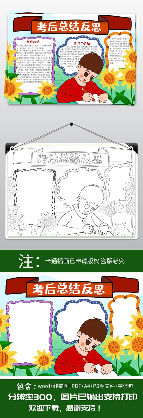 原创word线描图考后总结反思电子小报手抄报模板-版权可商用