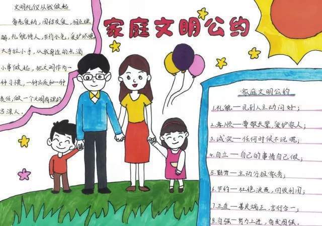 共同制定家庭文明公约并以精美的手抄报形式展示了家庭约定