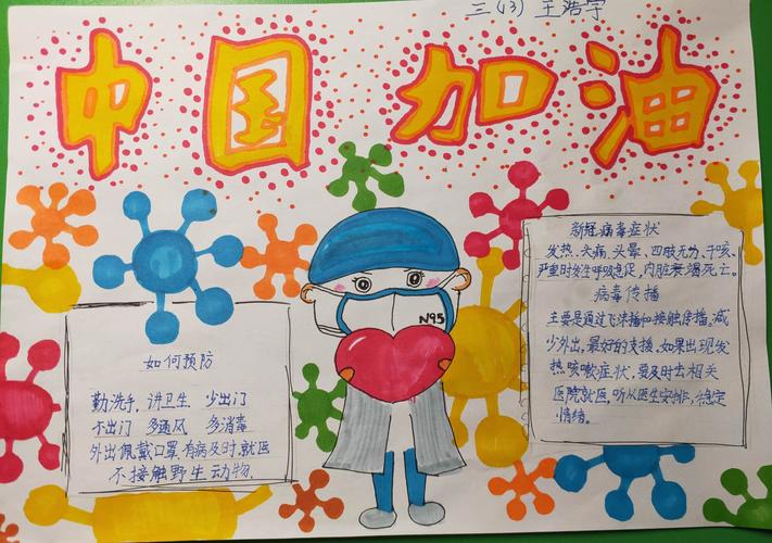 王浩宇同学做了一张手抄报 为大家简单介绍新冠病毒的症状 传播途径