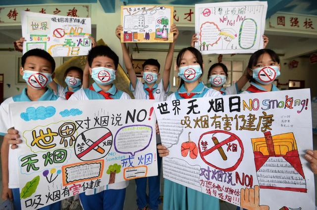 5月28日 河北省邯郸市丛台区春光小学的学生展示禁烟手抄报.