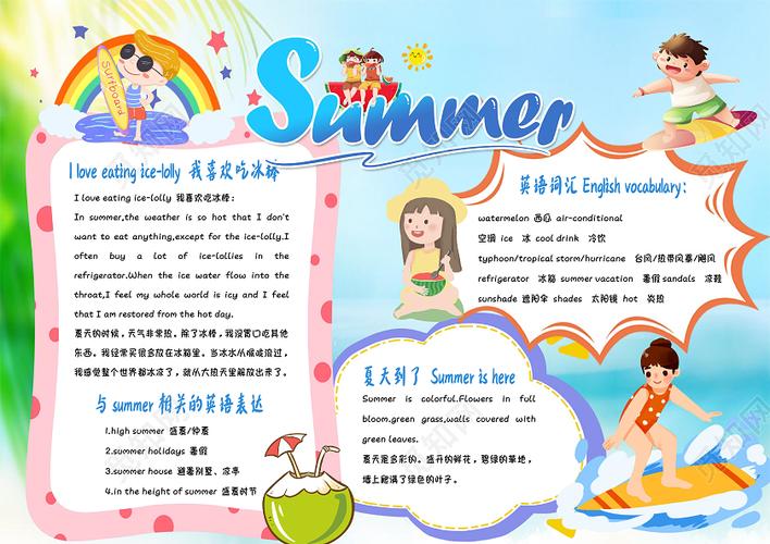 蓝色卡通summer夏天英语卡通小报手抄报doc