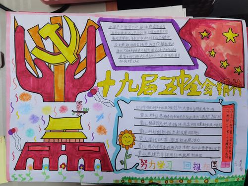学习完会议精神 队员们制作的精美的手抄报 下面是周晨萱同学和马天余