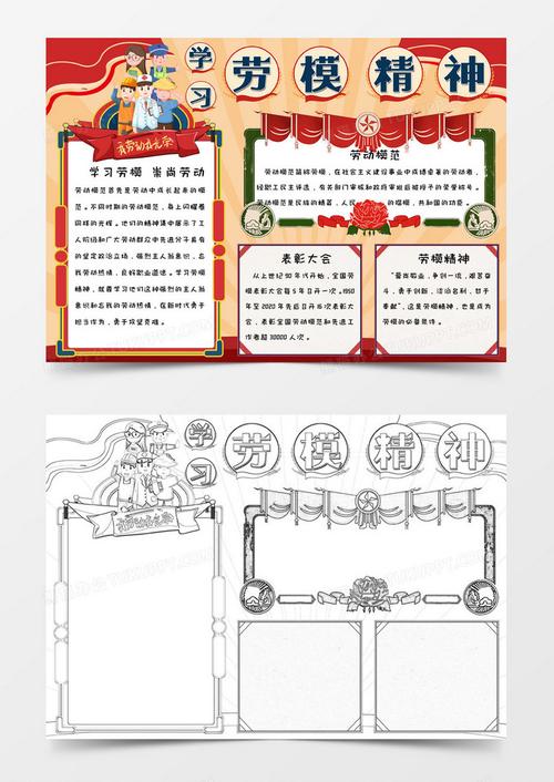 小学生卡通手绘红色背景学习劳模精神手抄报小报word模版