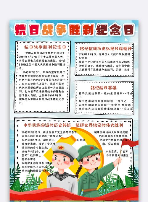 卡通竖版抗日战争胜利纪念日手抄报小报模板