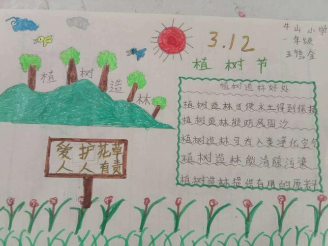 争做绿色小使者 牛山小学一年级学生手抄报