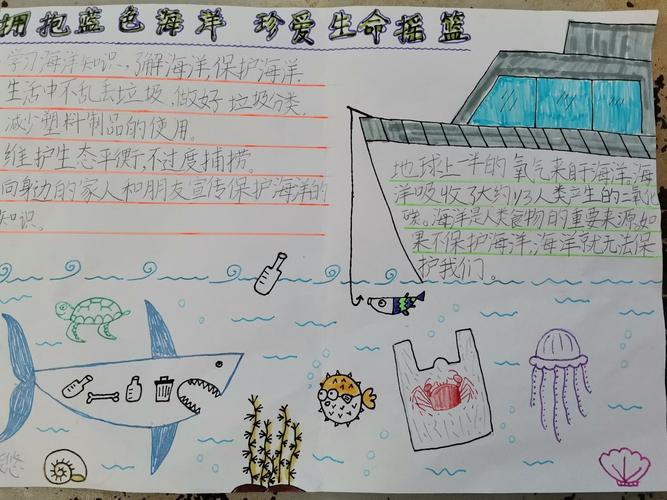 孩子们制作的海洋保护主题手抄报 画的棒棒的 内容也很精彩