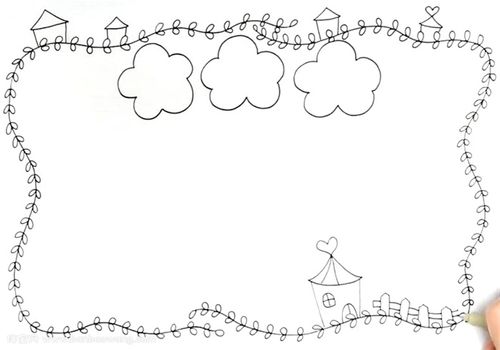 小学生手抄报 先画出边框部分 画上叶子 房子 栅栏 大树等装饰物