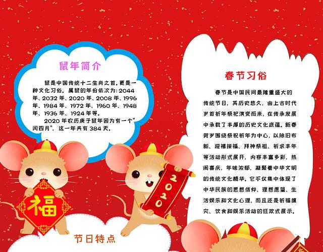春节新年鼠年金鼠贺岁红色卡通手抄报word模板 春节新年鼠年金鼠贺岁红色卡通手抄报word模板